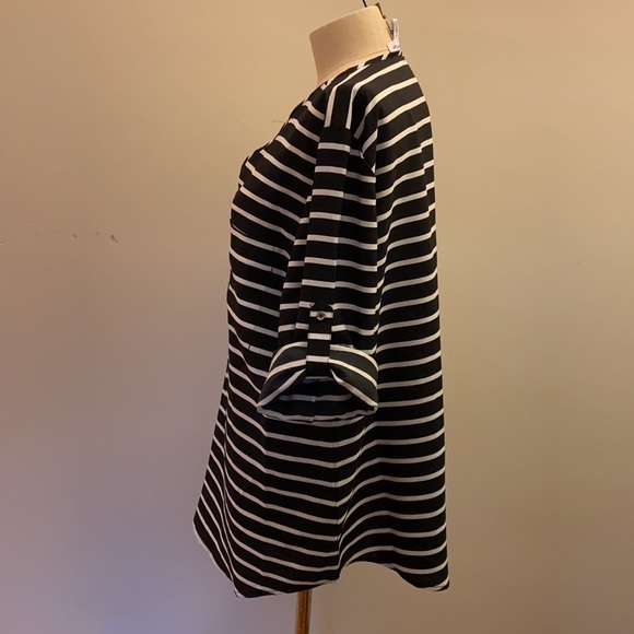 Calvin Klein Black and White Stripe Blouse Size L Pockets Zip Front Roll Sleeves - Picture 7 of 11